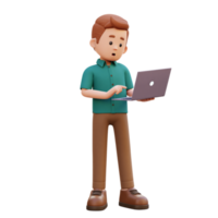 3d male character standing confused working on a laptop png