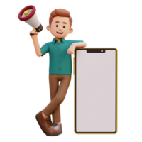 3d Masculin personnage en portant mégaphone et pose sur une gros intelligent téléphone avec vide écran png