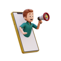3d male character jumping out from smart phone screen and holding a megaphone png