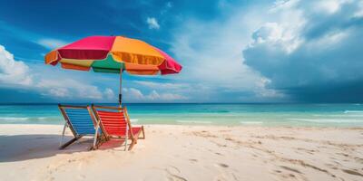 verano silla y paraguas en tropical mar y playa con azul cielo antecedentes. generativo ai foto