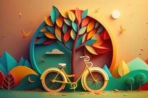 World bicycle day colorful background in paper cut style. Eco friendly bicycle concept. photo