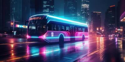 Bus driving on the road at night with glowing neon lights motion blur background. photo