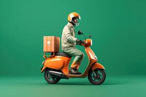 Delivery man ride scooter motorcycle for online delivery service on green background. photo