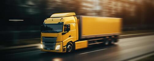 Truck with cargo driving on the road motion blur background. photo