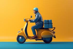 Delivery man ride scooter motorcycle for online delivery service on yellow background. photo