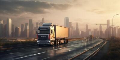 Truck driving on the road with cityscape motion blur background. photo