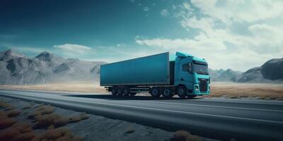 Truck driving on the road with beautiful landscape motion blur background. photo