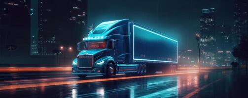 Truck with cargo driving on the road at night with neon lights and cityscape motion blur background. photo