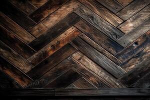 Old shabby wooden wall panel made of barn boards dark wood texture wooden background with chevron pattern. photo