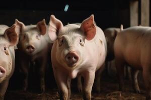 Several small and one large pig by barn at pig farm. photo