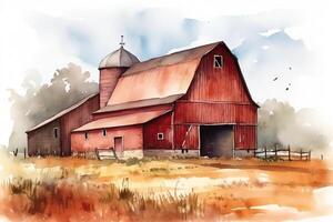 Traditional vintage red farm barn original simple watercolor backdrop illustration of agricultural building in the meadow. photo