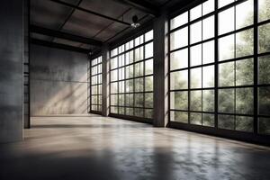 Industrial loft style empty room with blank concrete wall 3d render there are polished concrete floor and wall black steel structure there are large windows look out to see the nature. photo