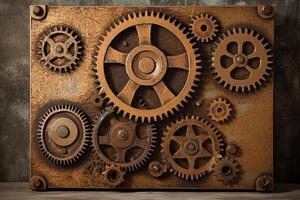 Vintage steampunk sign on canvas background with cogs and gears. photo