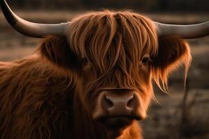 retrato de un marrón escocés tierras altas vacas vaca con largo cuernos. ai generado foto