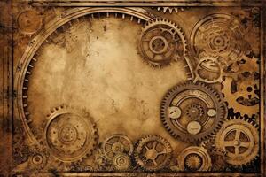 Steampunk vintage frame background cogs and gears on grunge canvas paper. photo