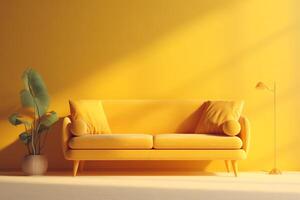 Soft yellow sofa on yellow background 3d illustration modern minimalistic living room interior detail cosiness social media and sale concept creative advertisement idea. photo