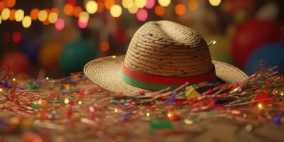 Straw hat festa junina background, Brazilian party and Latin american festival. photo