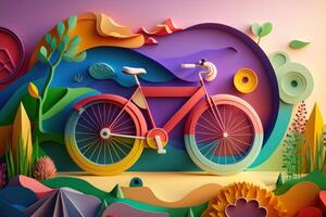 World bicycle day colorful background in paper cut style. Eco friendly bicycle concept. photo