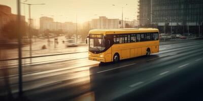 autobús conducción en el la carretera con paisaje urbano movimiento difuminar antecedentes. de viaje y transporte. generativo ai foto