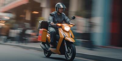 Delivery man ride scooter motorcycle with motion blur cityscape background. photo