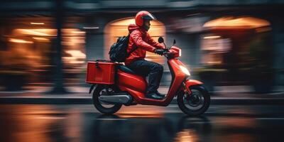 Delivery man ride scooter motorcycle with motion blur cityscape background. photo