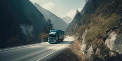 camión conducción en el la carretera con hermosa paisaje movimiento difuminar antecedentes. generativo ai foto