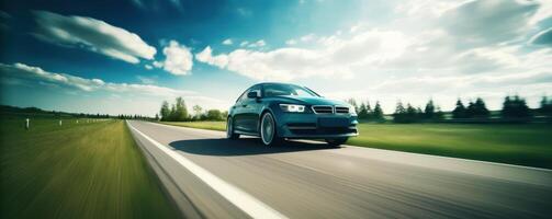 Electric Car driving on the road with green nature and blue sky motion blur background. photo