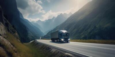 camión conducción en el la carretera con hermosa paisaje movimiento difuminar antecedentes. generativo ai foto