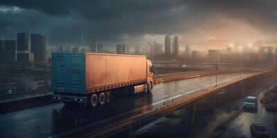 Truck driving on the road with cityscape motion blur background. photo