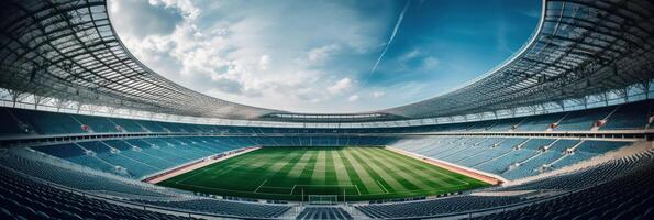 fútbol o fútbol americano estadio con verde campo y azul cielo. generativo ai foto