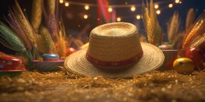 Straw hat festa junina background, Brazilian party and Latin american festival. photo