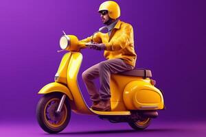 Delivery man ride scooter motorcycle for online delivery service on purple background. photo