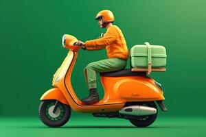 Delivery man ride scooter motorcycle for online delivery service on green background. photo