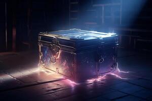 Mysterious pandora box opening with rays of light high contrast image 3d rendering illustration . photo