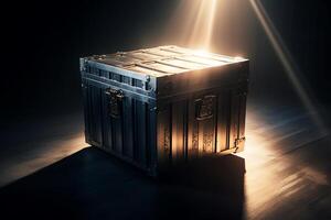 misterioso Pandora caja apertura con rayos de ligero alto contraste imagen 3d representación ilustración . ai generado foto