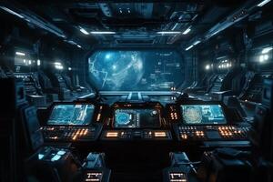 Futuristic view from spaceship cockpit control board 3d illustration science fiction background intense color. photo