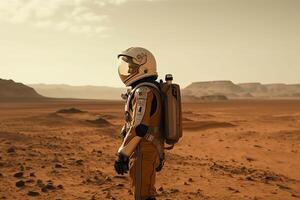 An astronaut arriving on mars standing outside of a spacecraft looking out at the vast 3. photo