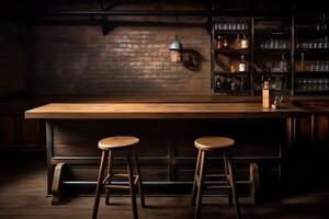 Pub bar counter with wooden table background. photo