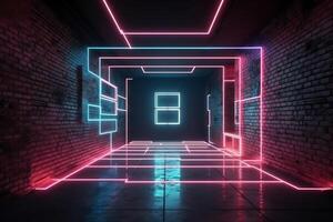 Futuristic sci fi elegant modern neon glowing rectangle frame shaped lines tubes purple pink blue colored lights in dark empty grunge concrete brick room background 3d rendering. photo