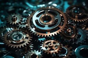 Cogs and gear wheel mechanisms concepts and ideas hitech digital technology and engineering design abstract technical background of mechanical engineering. photo