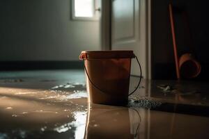 Bucket with mob in flooded basement or electrical room cleaning up lots of water on floor from multiple leaks in wall and ceiling water damage from rain snowmelt or pipe burst. photo