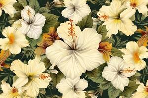 decorativo antecedentes con hawaiano blanco hibisco flores ai generado foto