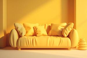 Soft yellow sofa on yellow background 3d illustration modern minimalistic living room interior detail cosiness social media and sale concept creative advertisement idea. photo