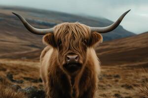 Lowangle view of a fluffy highland cow with long horns a mountain is out of focus in the distance. photo