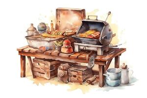 Watercolor illustration of a barbecue with a grill food and drinks. photo