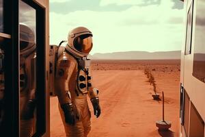 An astronaut arriving on mars standing outside of a spacecraft looking out at the vast 3. photo