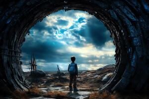 Young adventurer in front of portal to fantasy dimensions that radiate power and energy dramatic saturated high contrast powerful twister clouds . photo