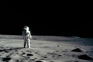 An astronaut standing on the moon looking at a large earth like planet. photo