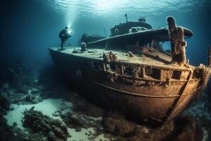 Scuba divers exploring a sunken shipwreck underwater mysteries high quality. photo