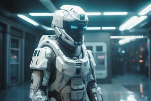 Soldier in futuristic space armor science fiction white armor inside the spaceship 3d render. photo